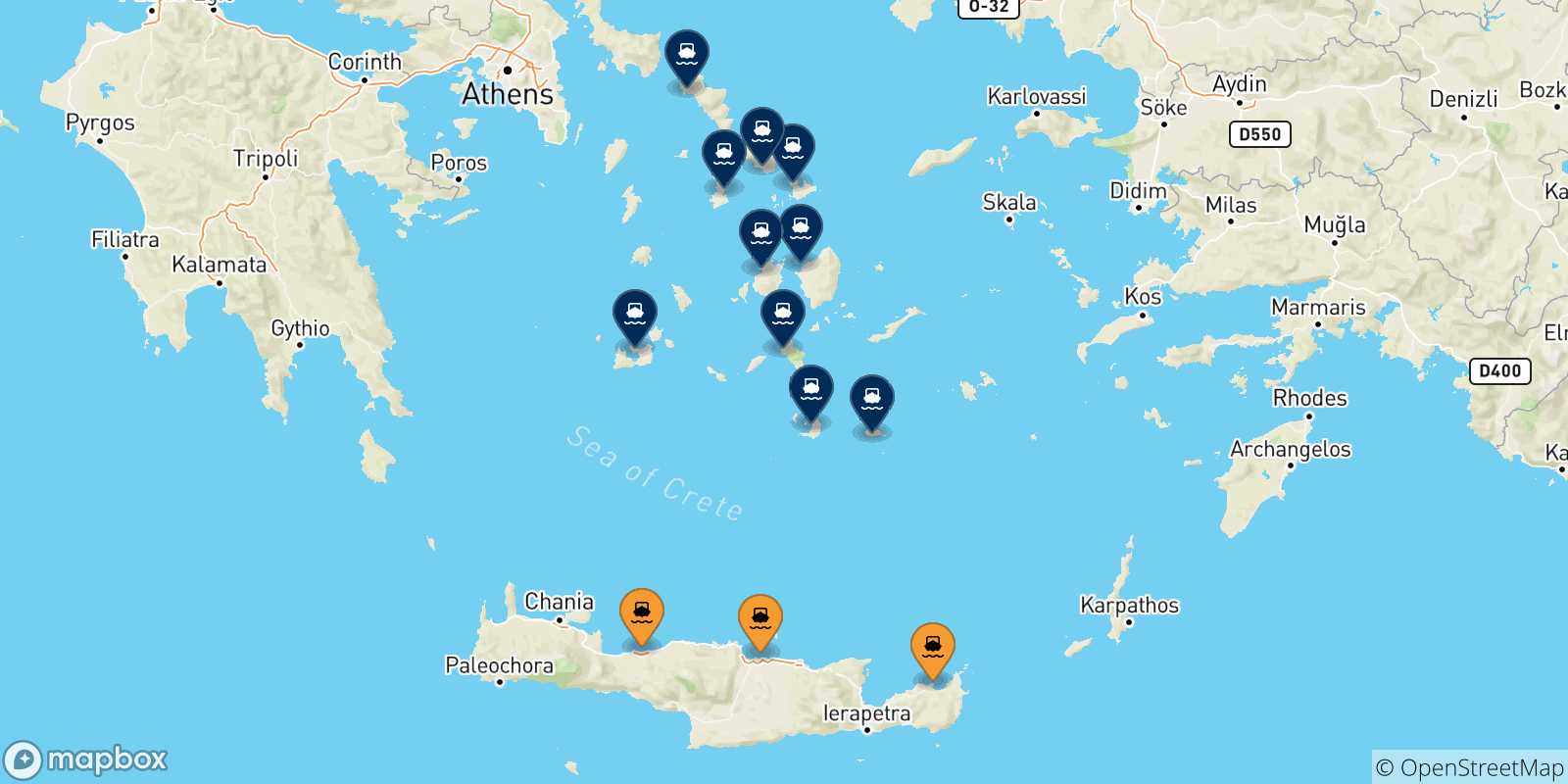 Mappa delle possibili rotte tra Creta e le Isole Cicladi
