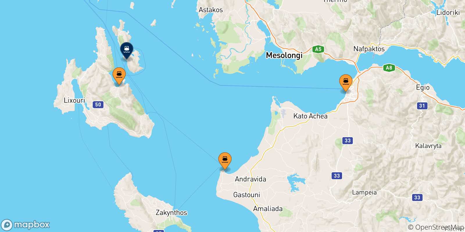 Mappa delle possibili rotte tra la Grecia e Pisaetos (Itaca)