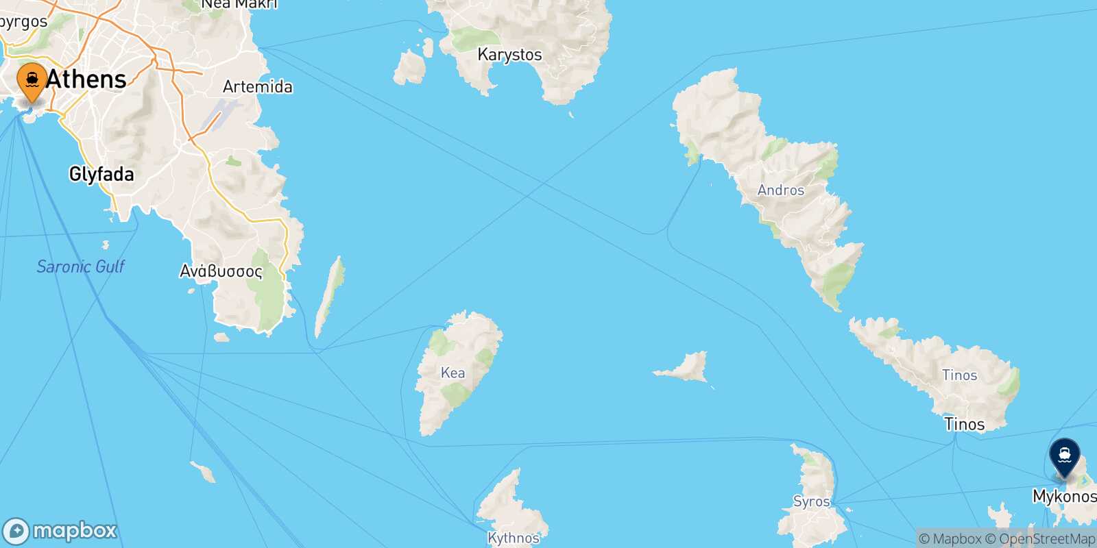 Mappa della rotta Pireo Mykonos