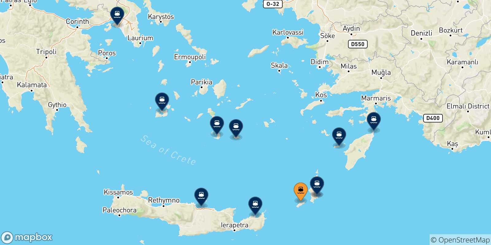 Mappa delle possibili rotte tra Kasos e la Grecia