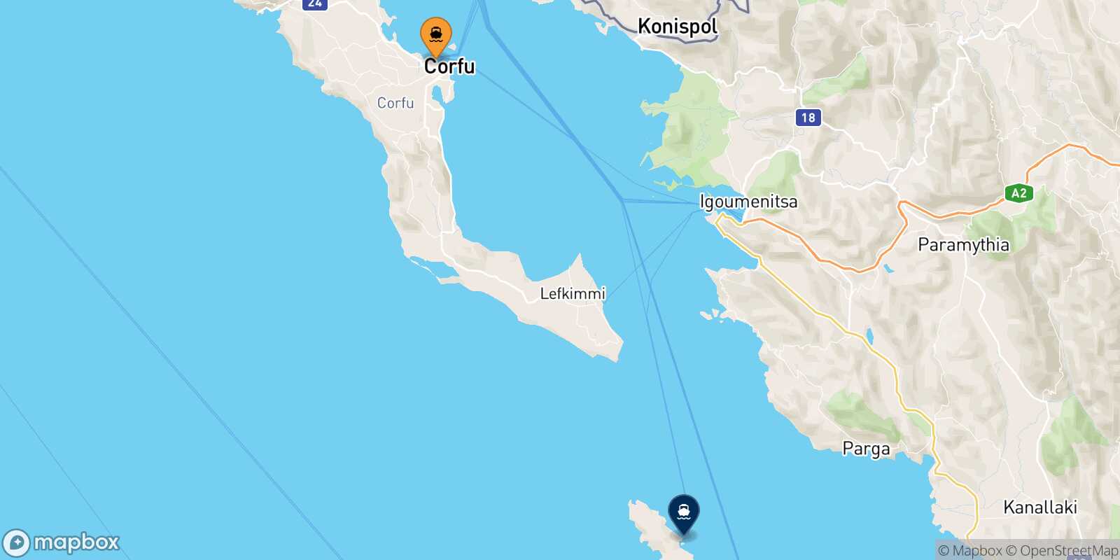 Mappa della rotta Corfu Paxos