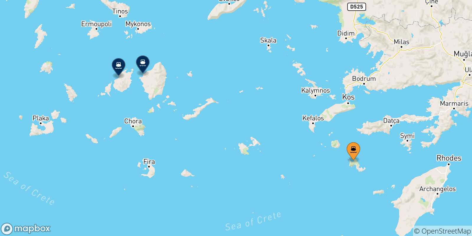 Mappa delle possibili rotte tra Tilos e le Isole Cicladi