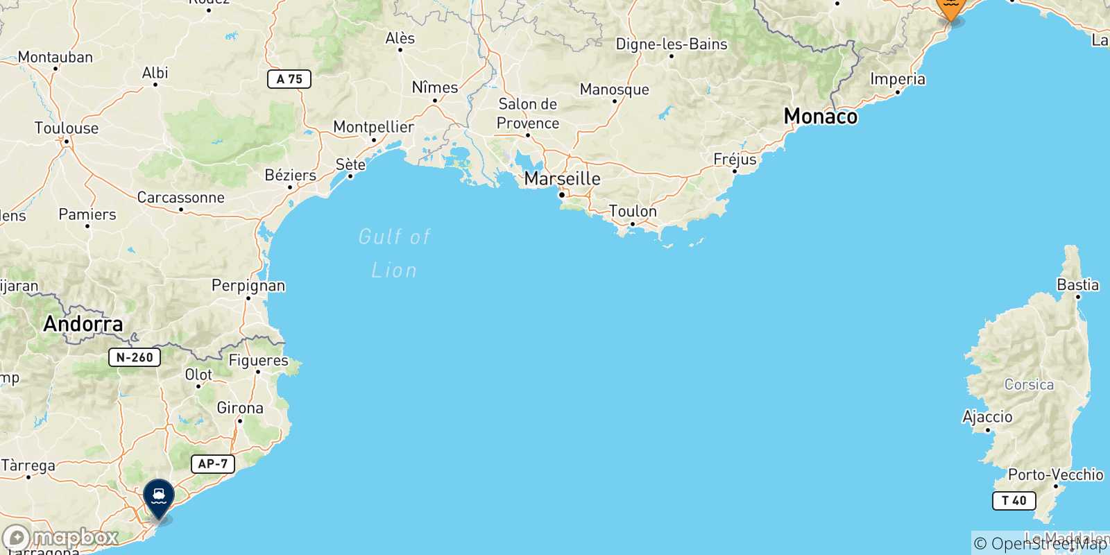 Mappa delle possibili rotte tra Savona e la Spagna