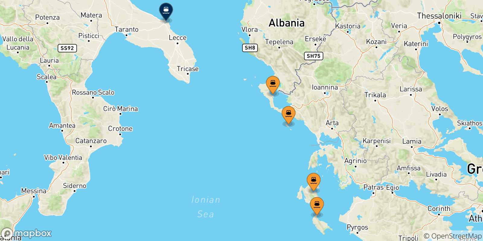 Mappa delle possibili rotte tra le Isole Ionie e Brindisi
