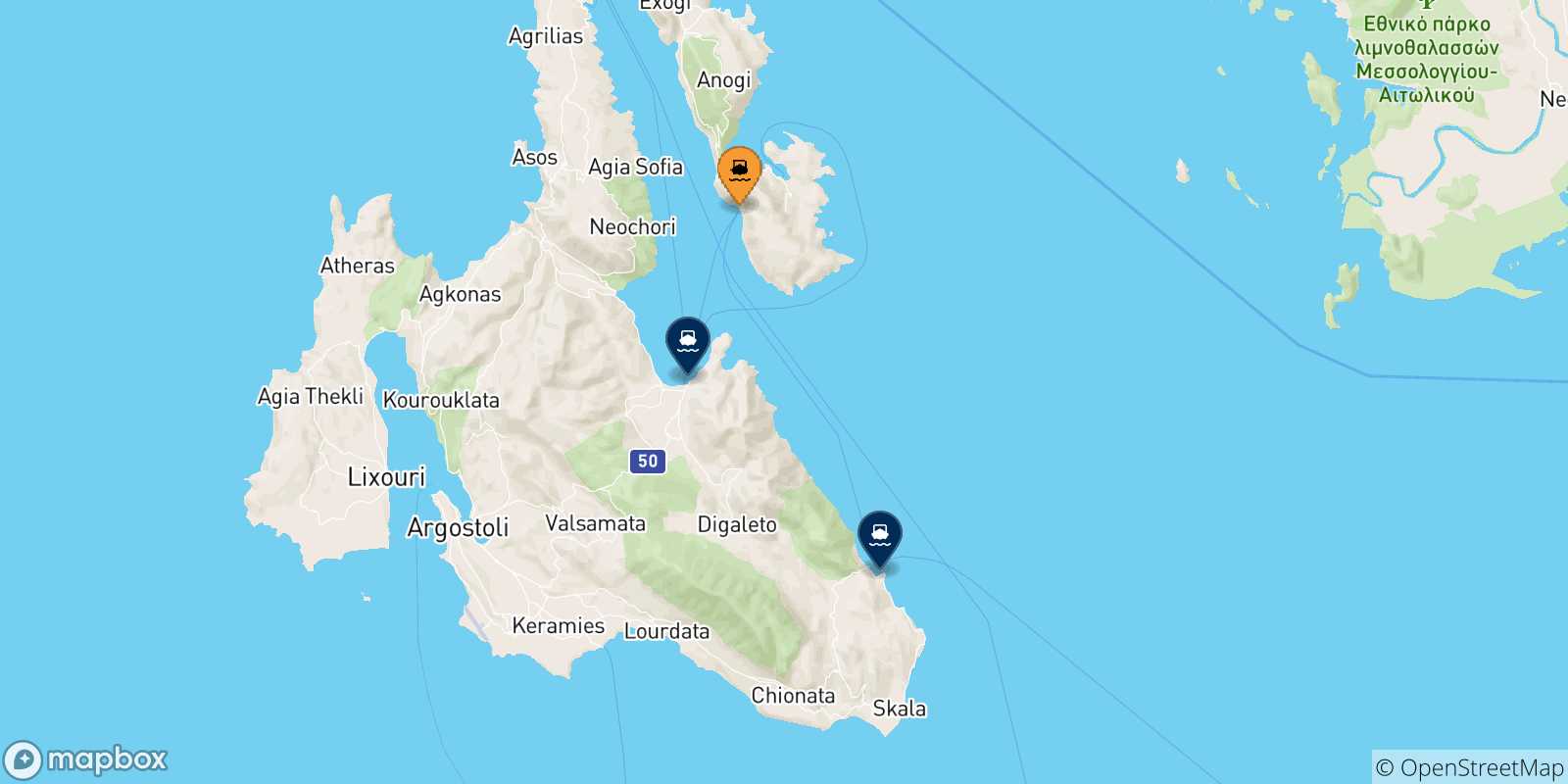 Mappa delle possibili rotte tra Pisaetos (Itaca) e le Isole Ionie