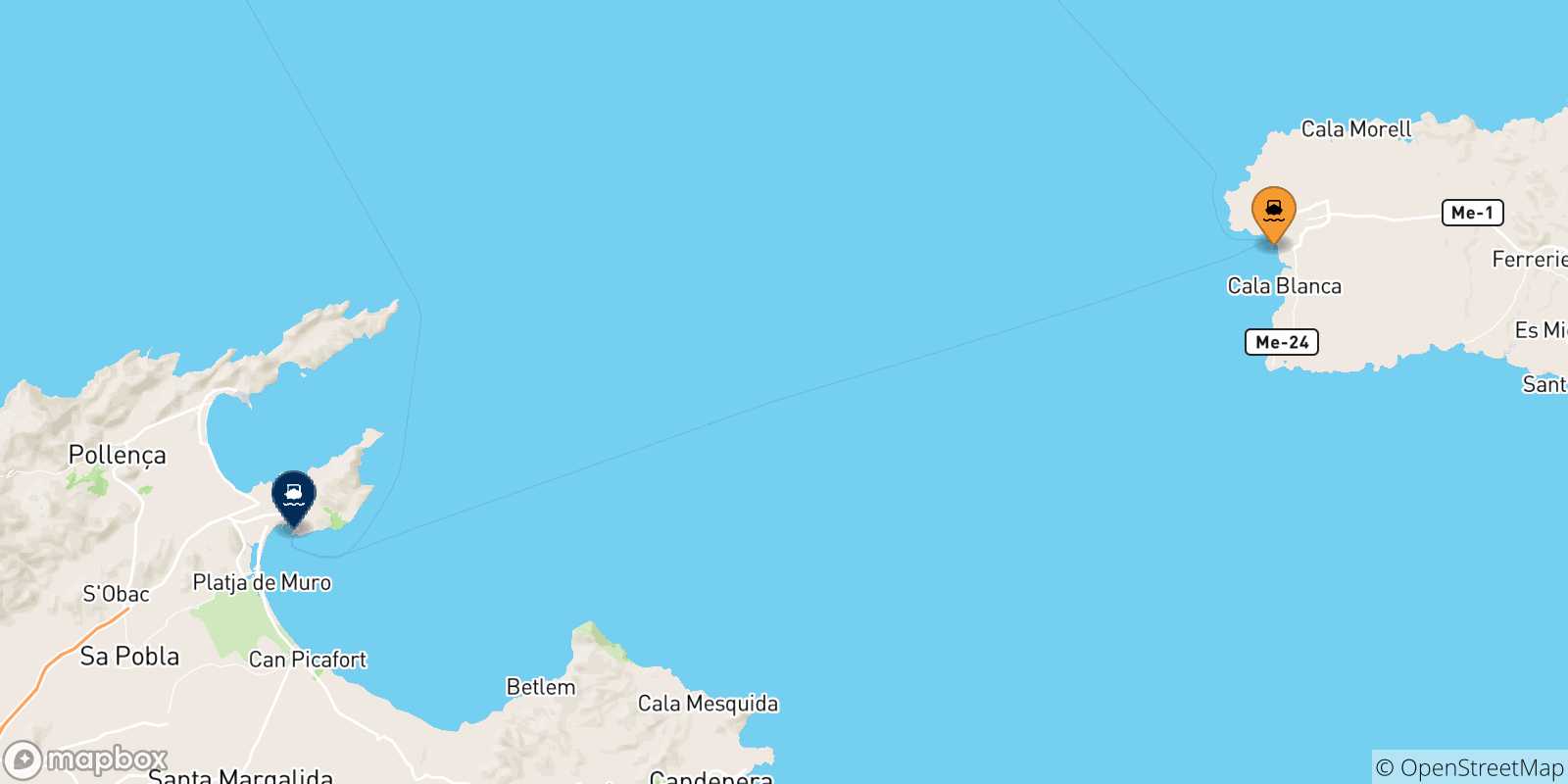 Mappa delle possibili rotte tra Ciutadella (Minorca) e le Isole Baleari