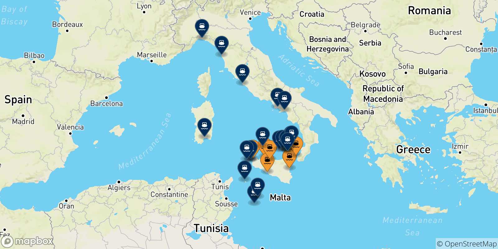 Mappa delle possibili rotte tra la Sicilia e l'Italia