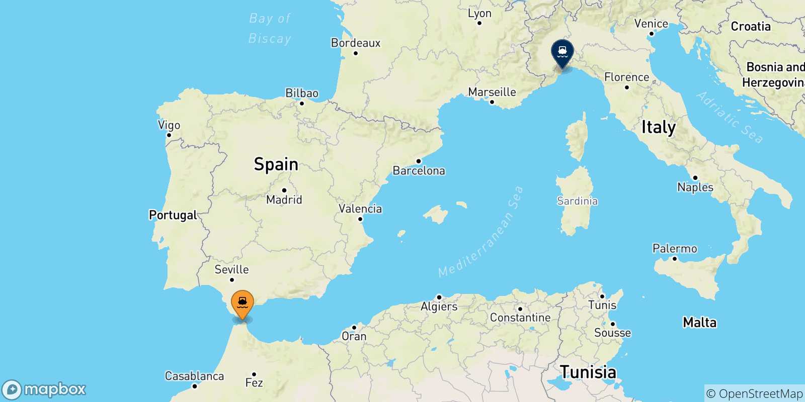 Mappa delle possibili rotte tra il Marocco e Savona