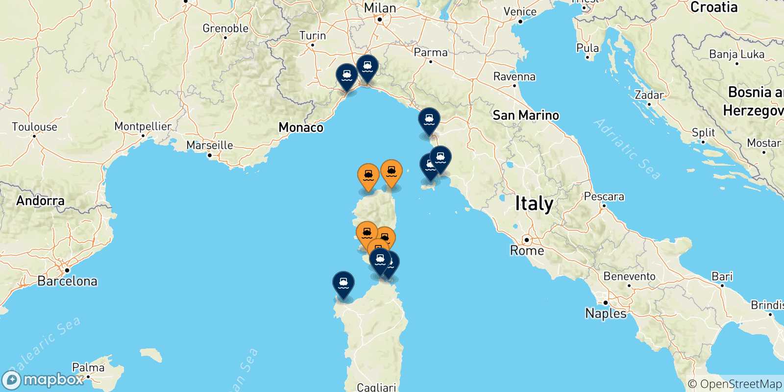 Mappa delle possibili rotte tra la Corsica e l'Italia
