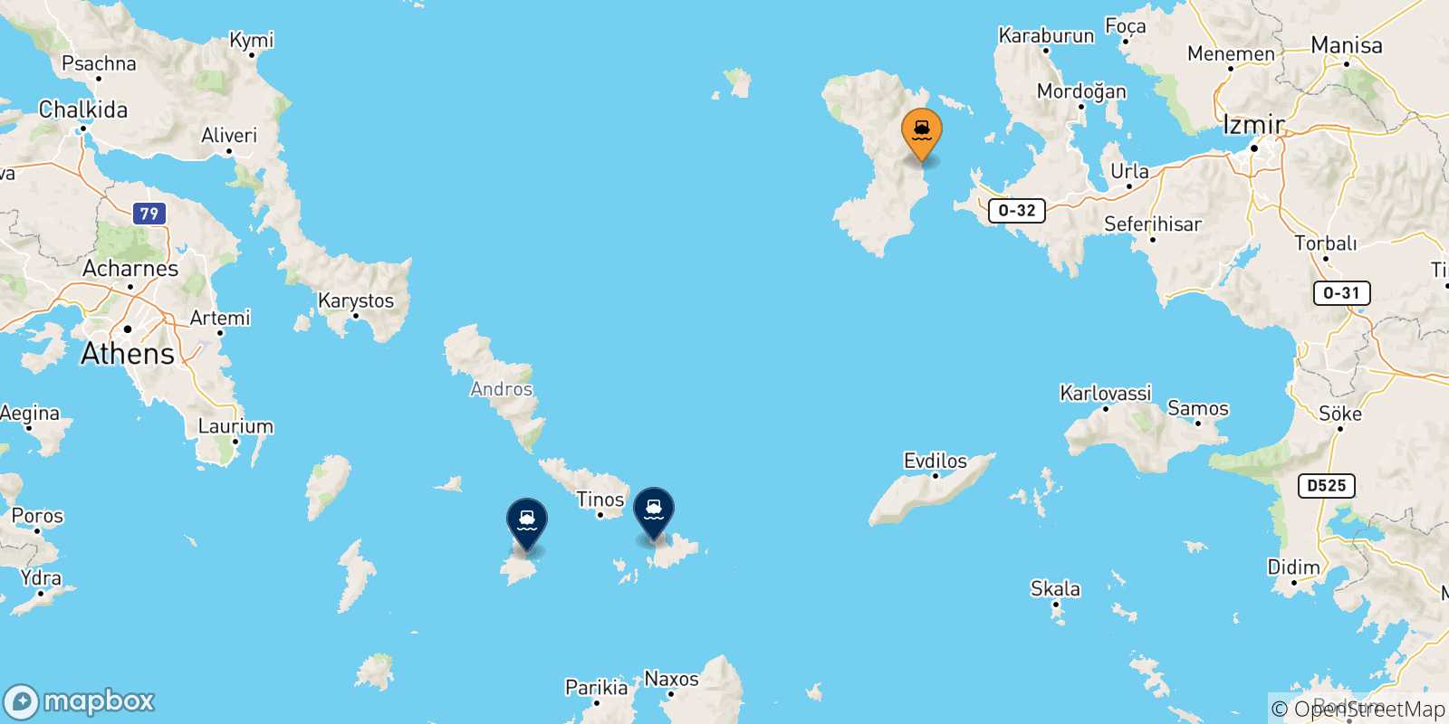 Mappa delle possibili rotte tra Chios e le Isole Cicladi