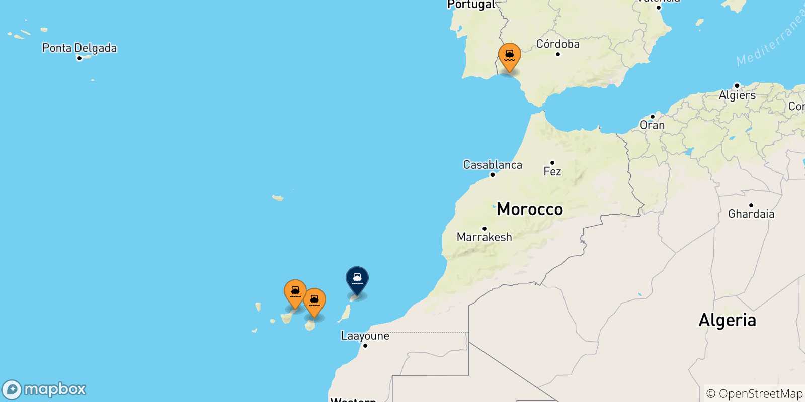 Mappa delle possibili rotte tra la Spagna e Arrecife (Lanzarote)