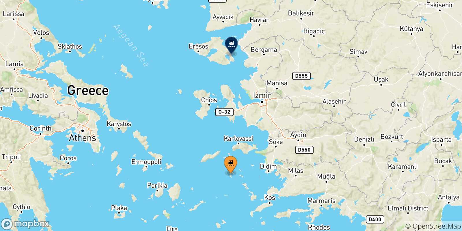 Mappa delle possibili rotte tra le Isole Dodecaneso e Mitilini (Lesvos)