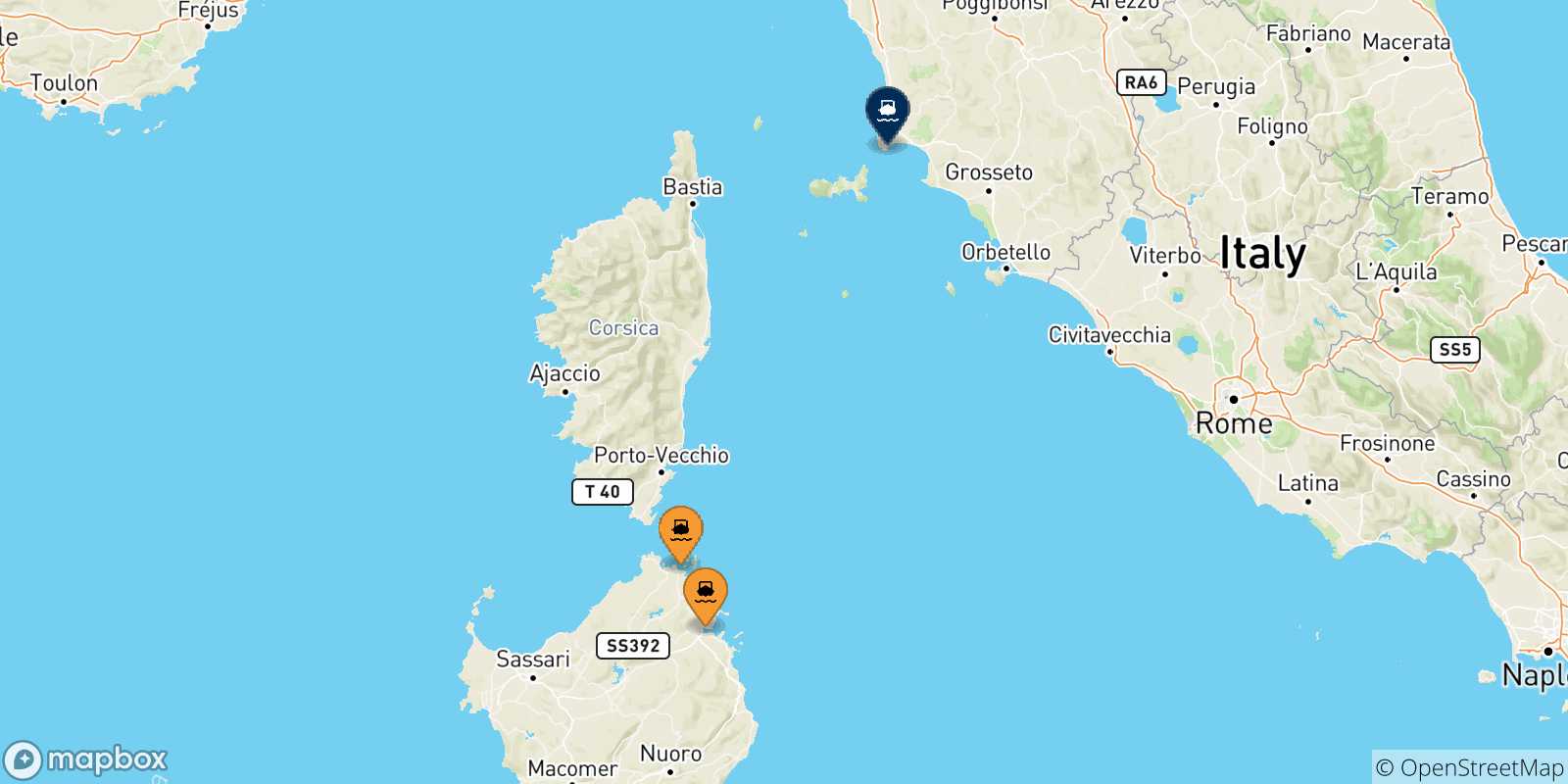Mappa delle possibili rotte tra la Sardegna e Piombino
