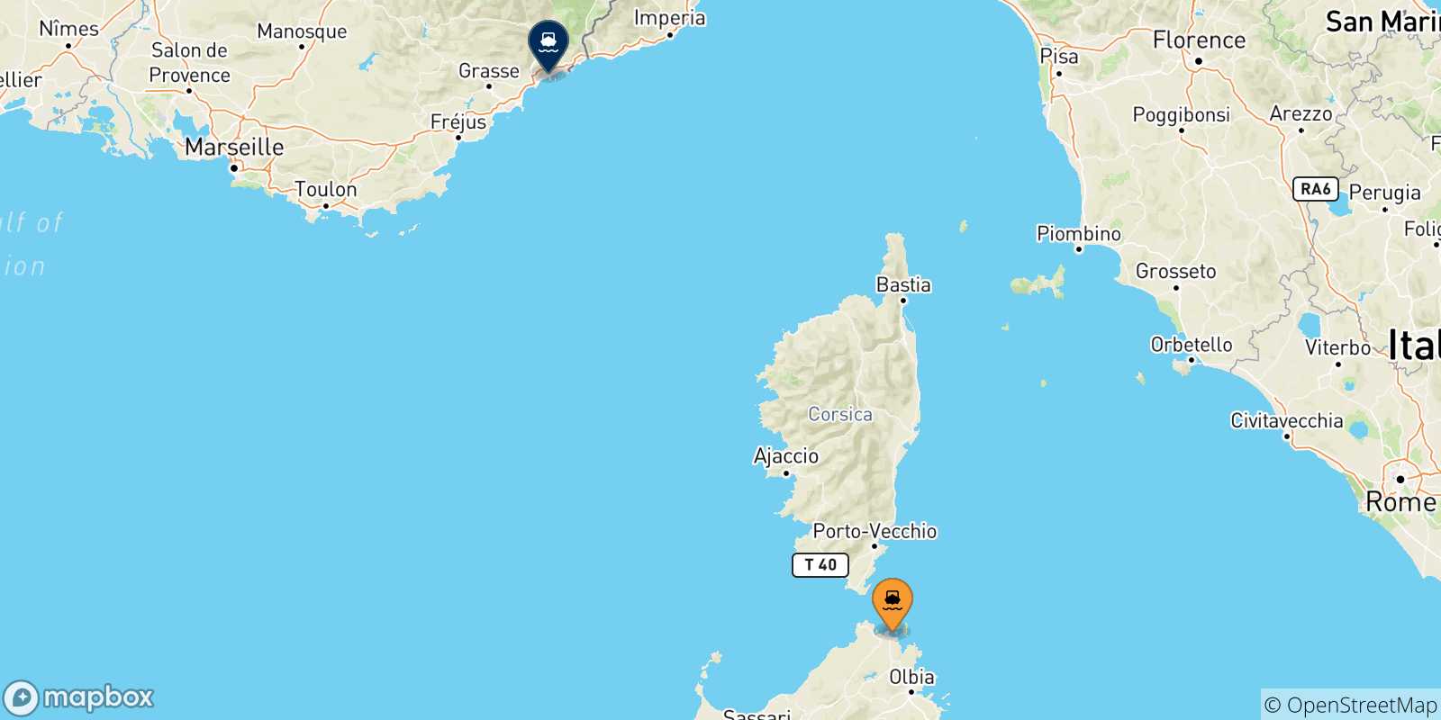 Mappa delle possibili rotte tra la Sardegna e Nizza
