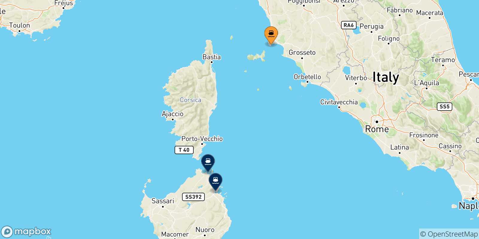 Mappa delle possibili rotte tra Piombino e la Sardegna