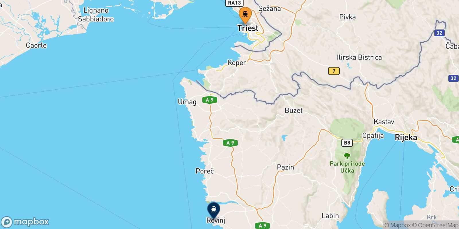 Mappa della rotta Trieste Rovigno