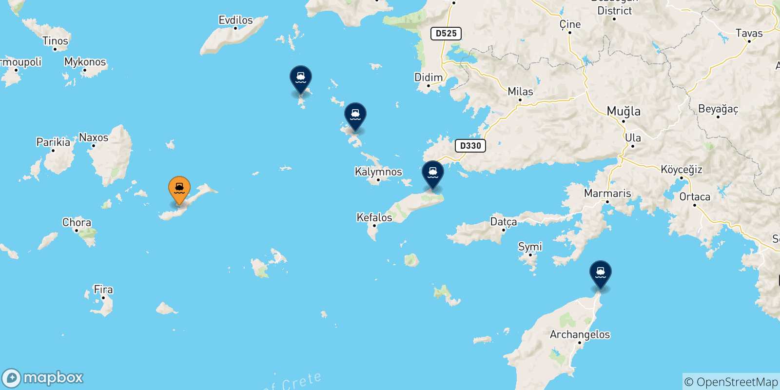 Mappa delle possibili rotte tra Katapola (Amorgos) e le Isole Dodecaneso