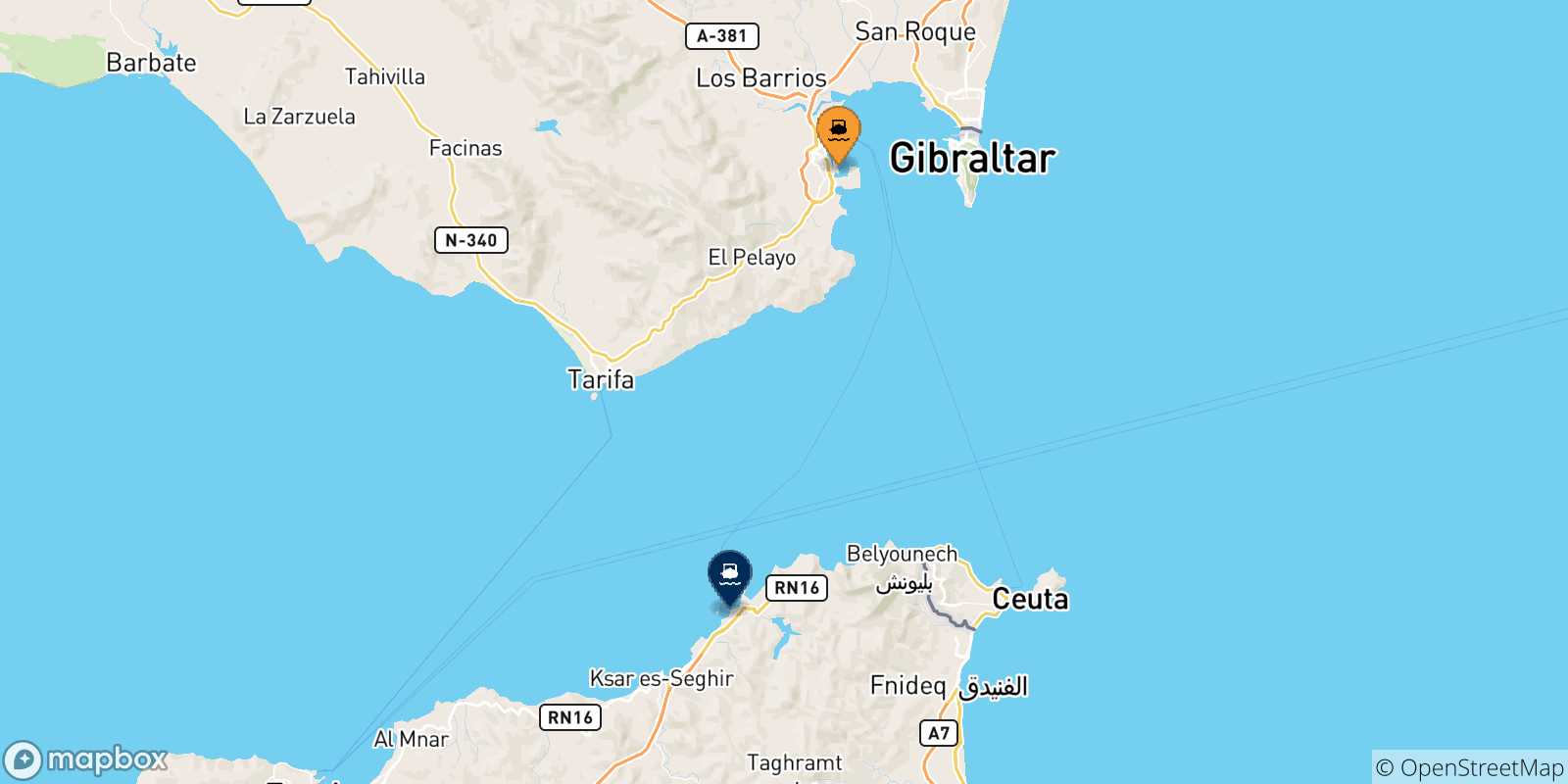 Mappa delle possibili rotte tra Algeciras e il Marocco