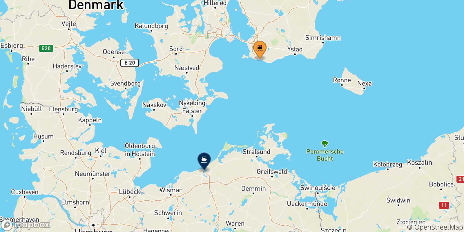 Mappa delle possibili rotte tra la Svezia e Rostock