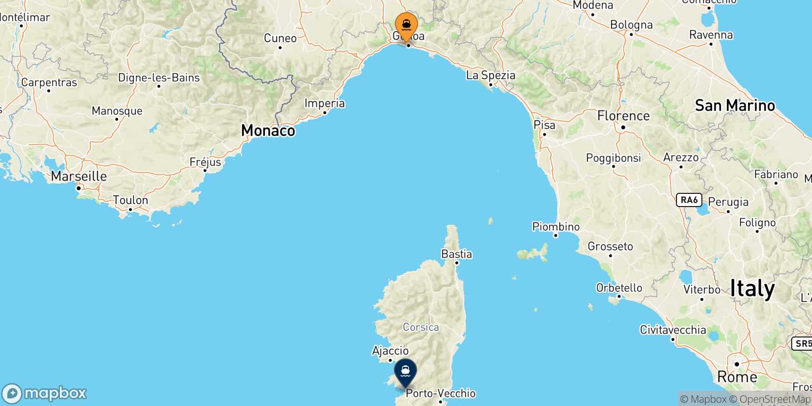 Mappa della rotta Genova Ajaccio