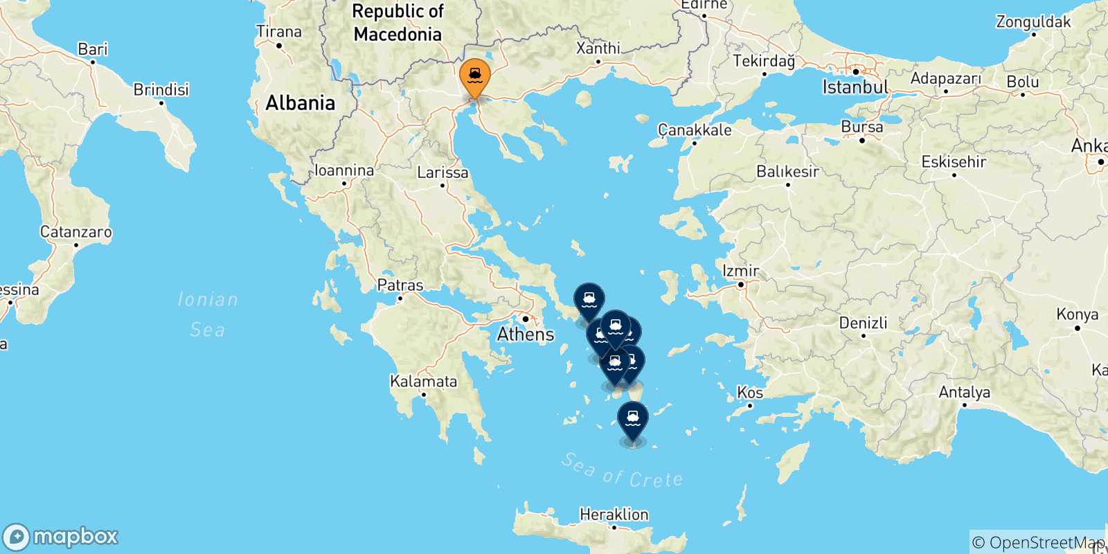 Mappa delle possibili rotte tra Salonicco e le Isole Cicladi
