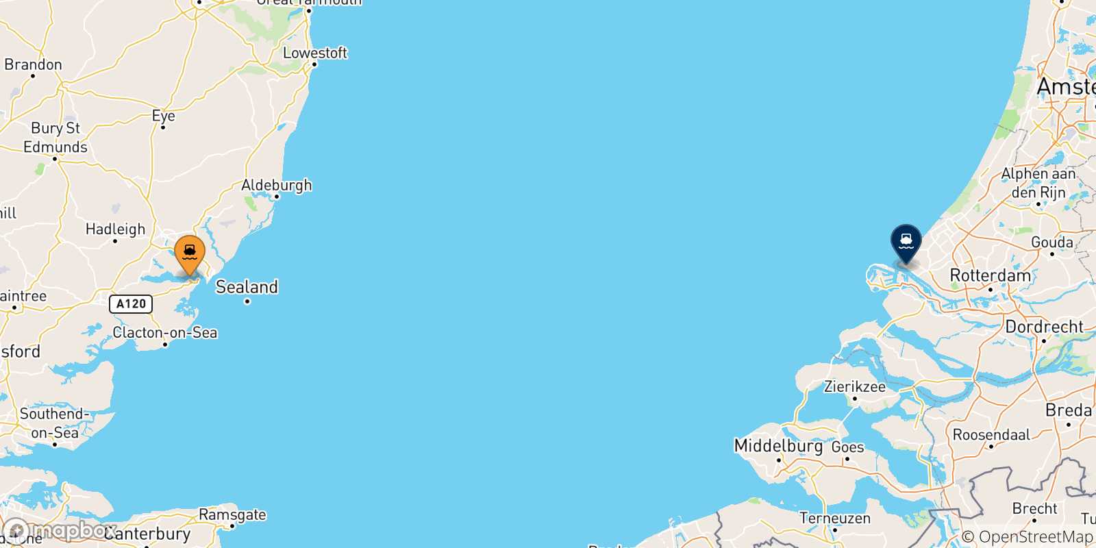 Mappa delle possibili rotte tra Harwich e l'Olanda
