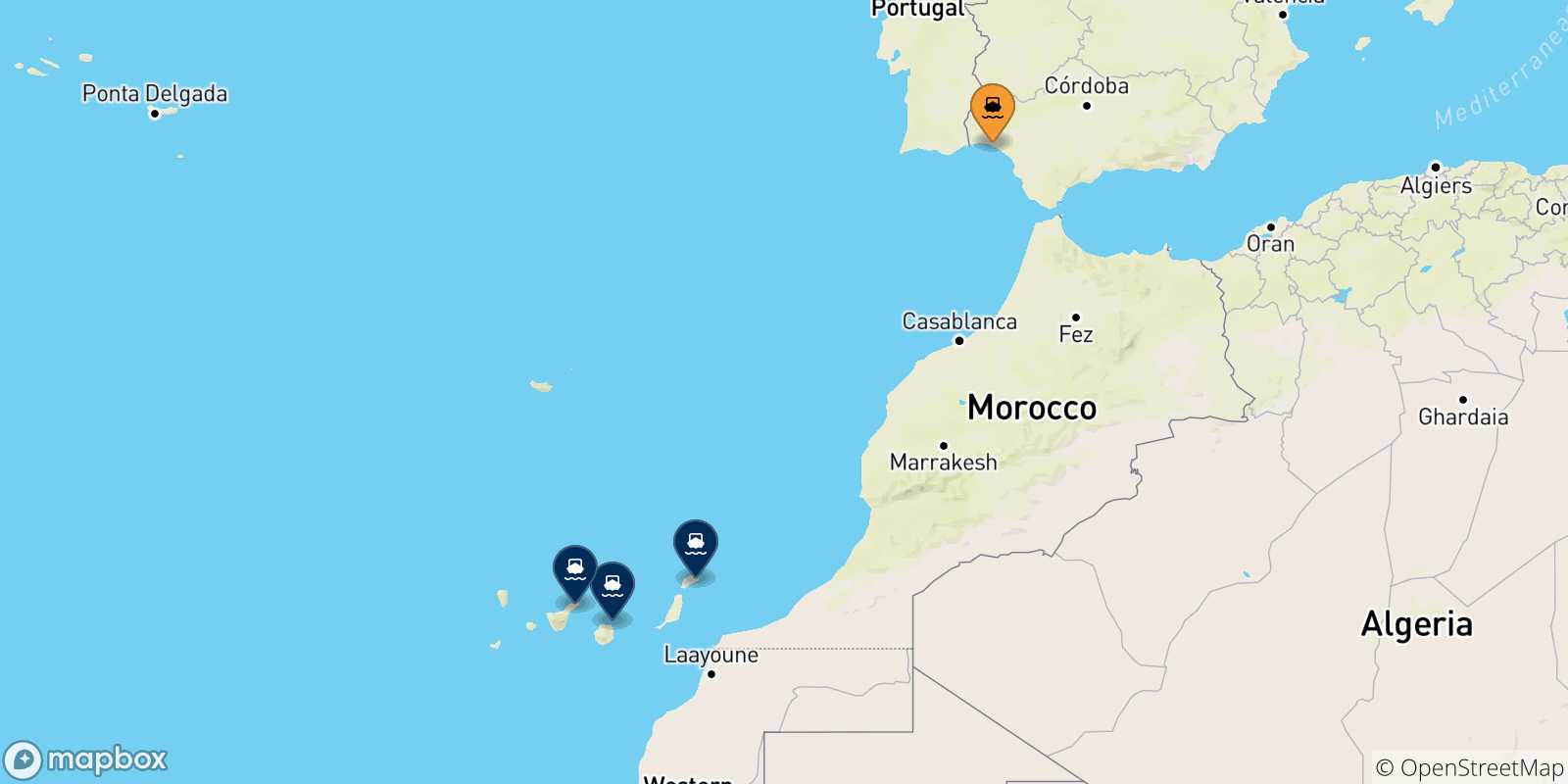 Mappa delle possibili rotte tra Huelva e la Spagna