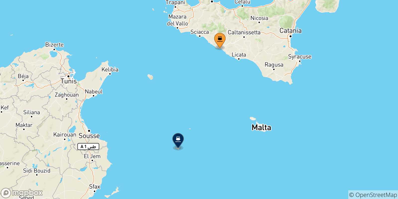 Mappa delle possibili rotte tra la Sicilia e Lampedusa