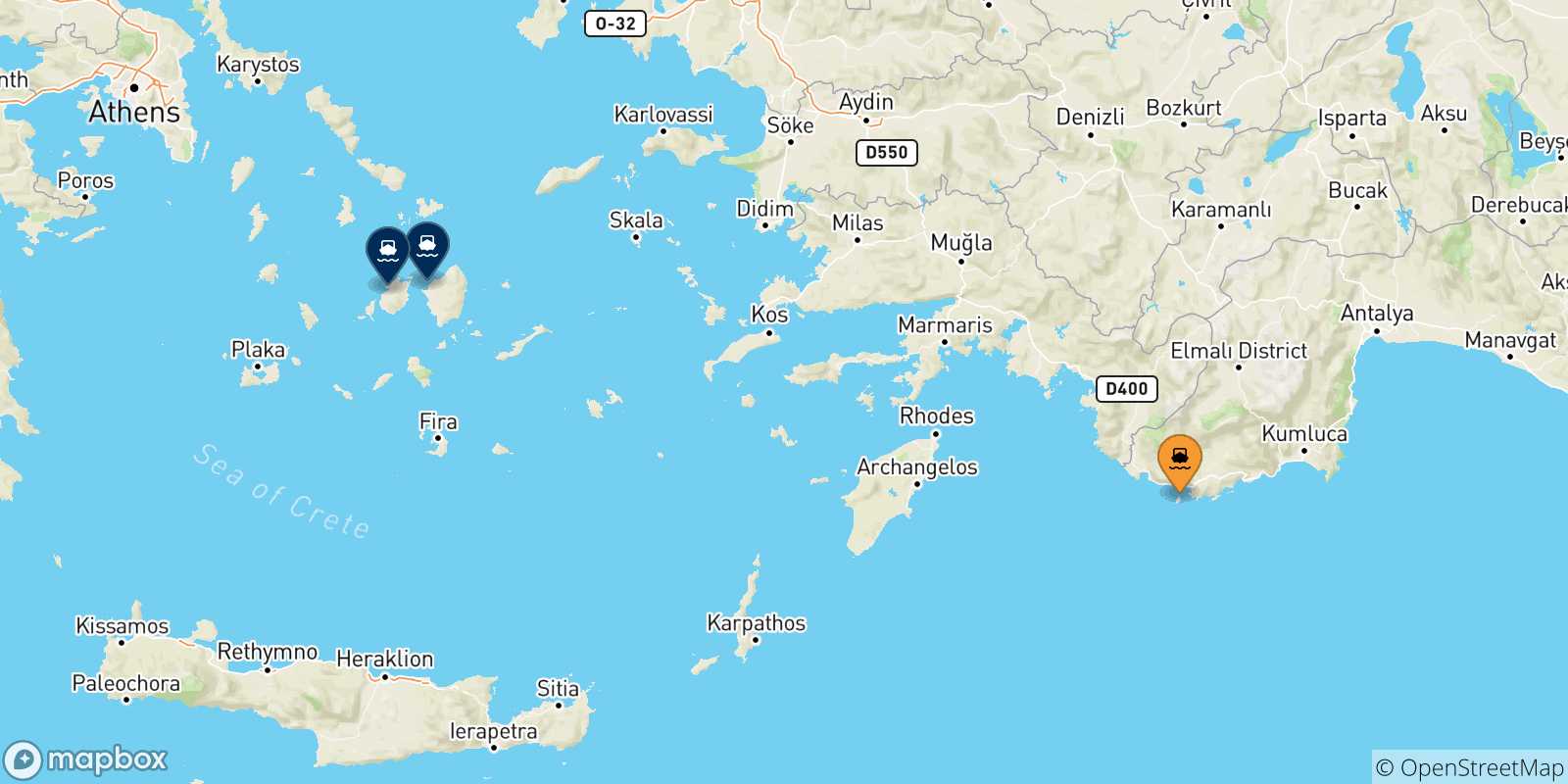 Mappa delle possibili rotte tra Kastellorizo e le Isole Cicladi