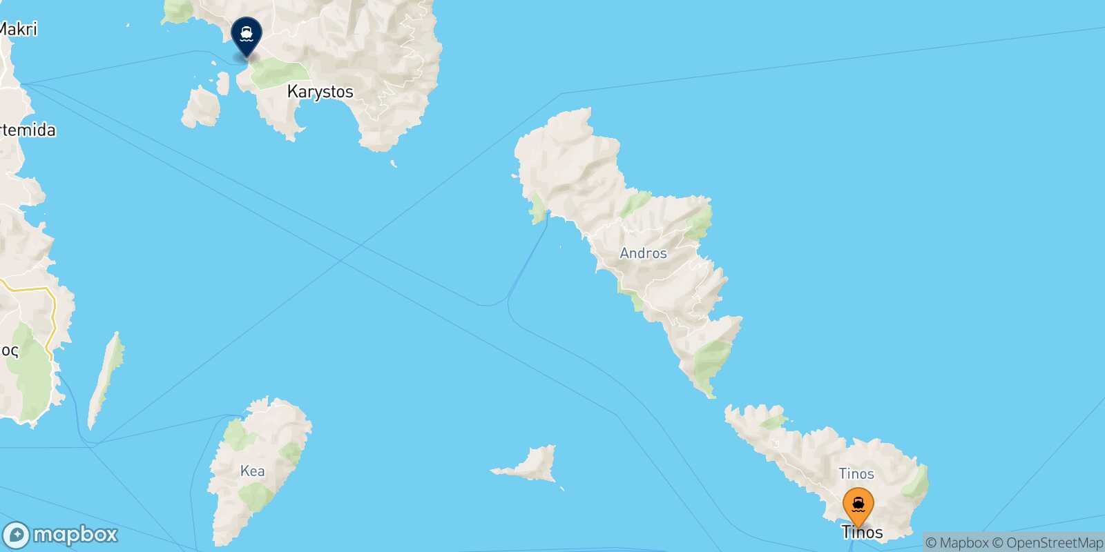 Mappa della rotta Tinos Karystos