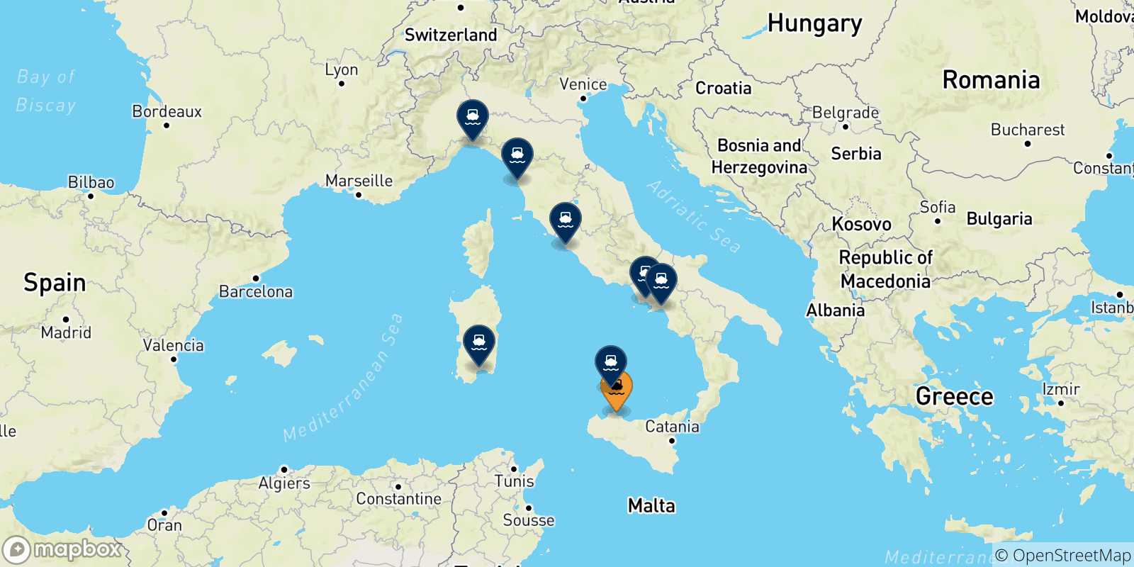 Mappa delle possibili rotte tra Palermo e l'Italia