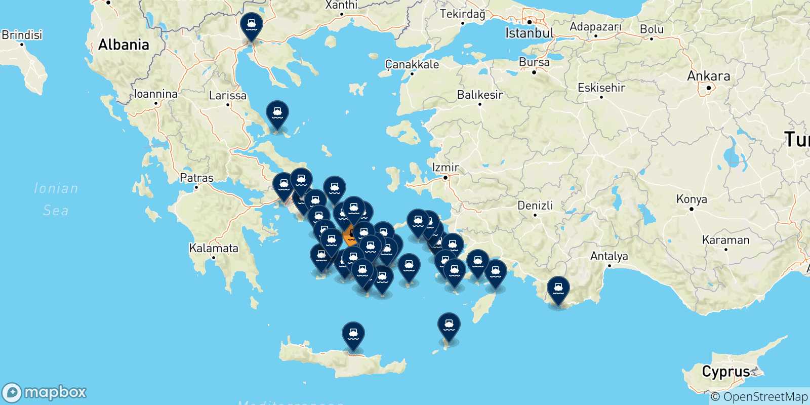 Mappa delle possibili rotte tra Paros e la Grecia