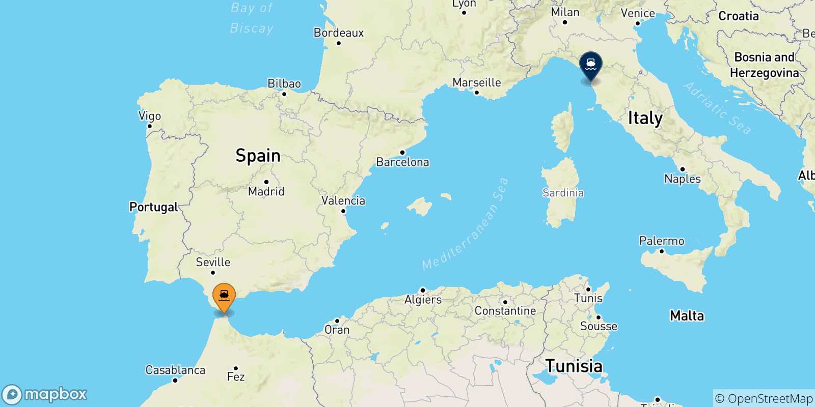 Mappa delle possibili rotte tra il Marocco e Livorno