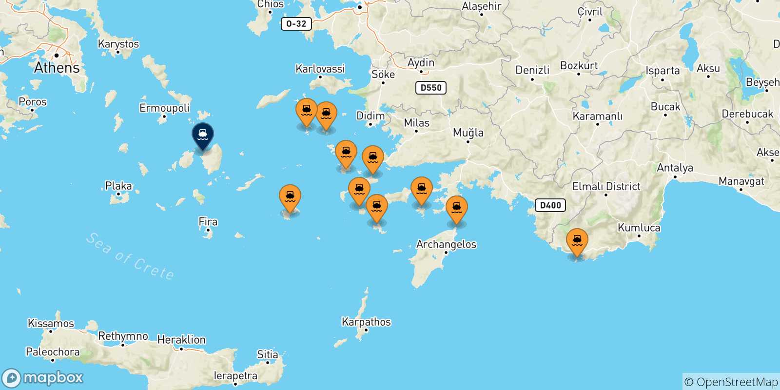 Mappa delle possibili rotte tra le Isole Dodecaneso e Naxos