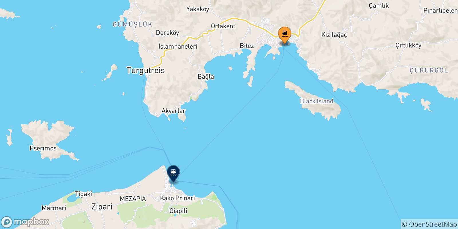 Mappa delle possibili rotte tra la Turchia e Kos
