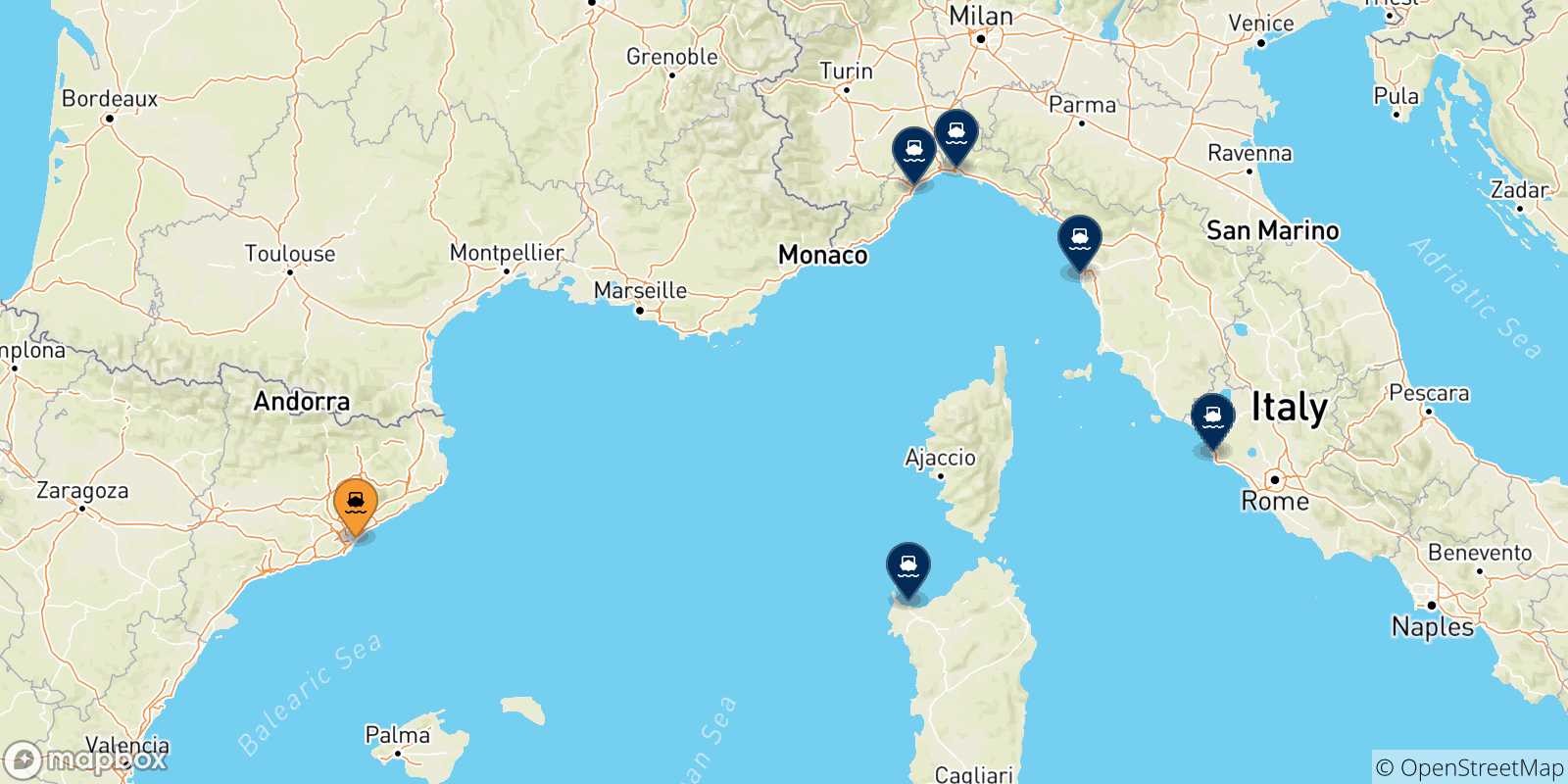 Mappa delle possibili rotte tra Barcellona e l'Italia