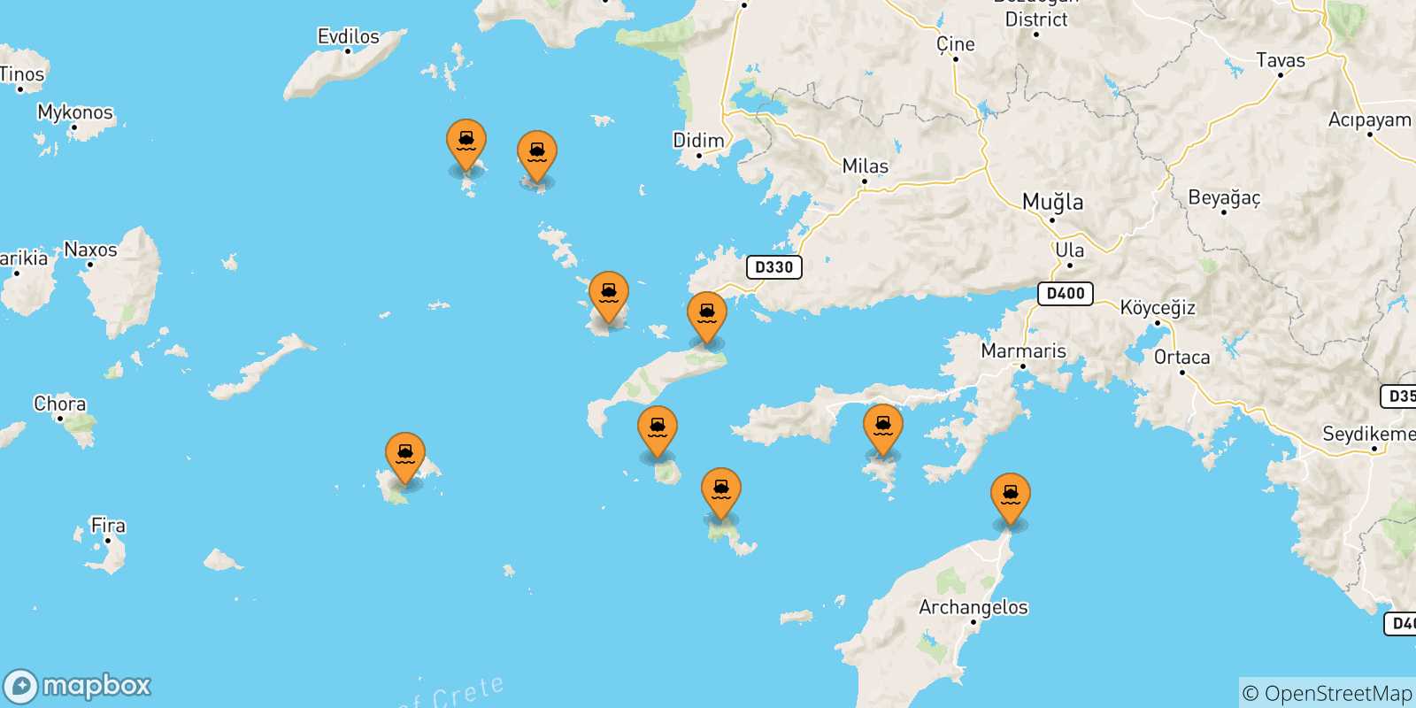Mappa delle possibili rotte tra le Isole Dodecaneso e Kastellorizo
