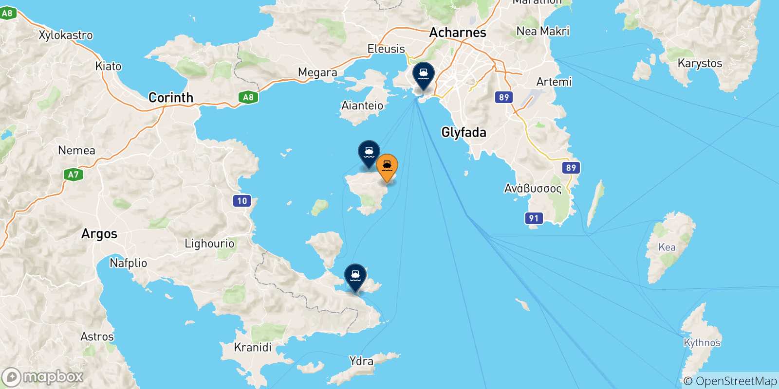 Mappa delle possibili rotte tra Agia Marina (Aegina) e la Grecia