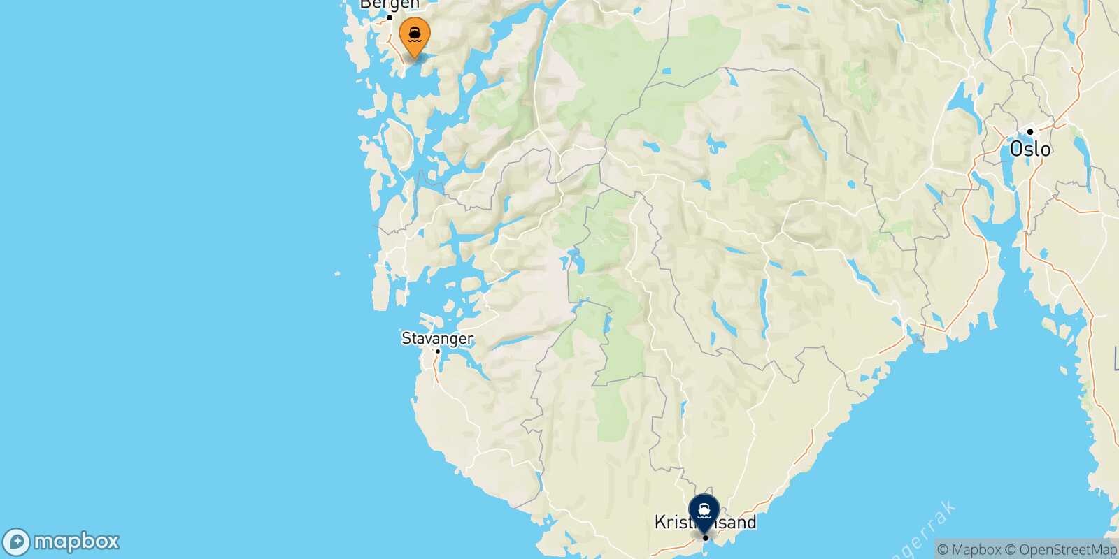 Mappa della rotta Bergen Kristiansand