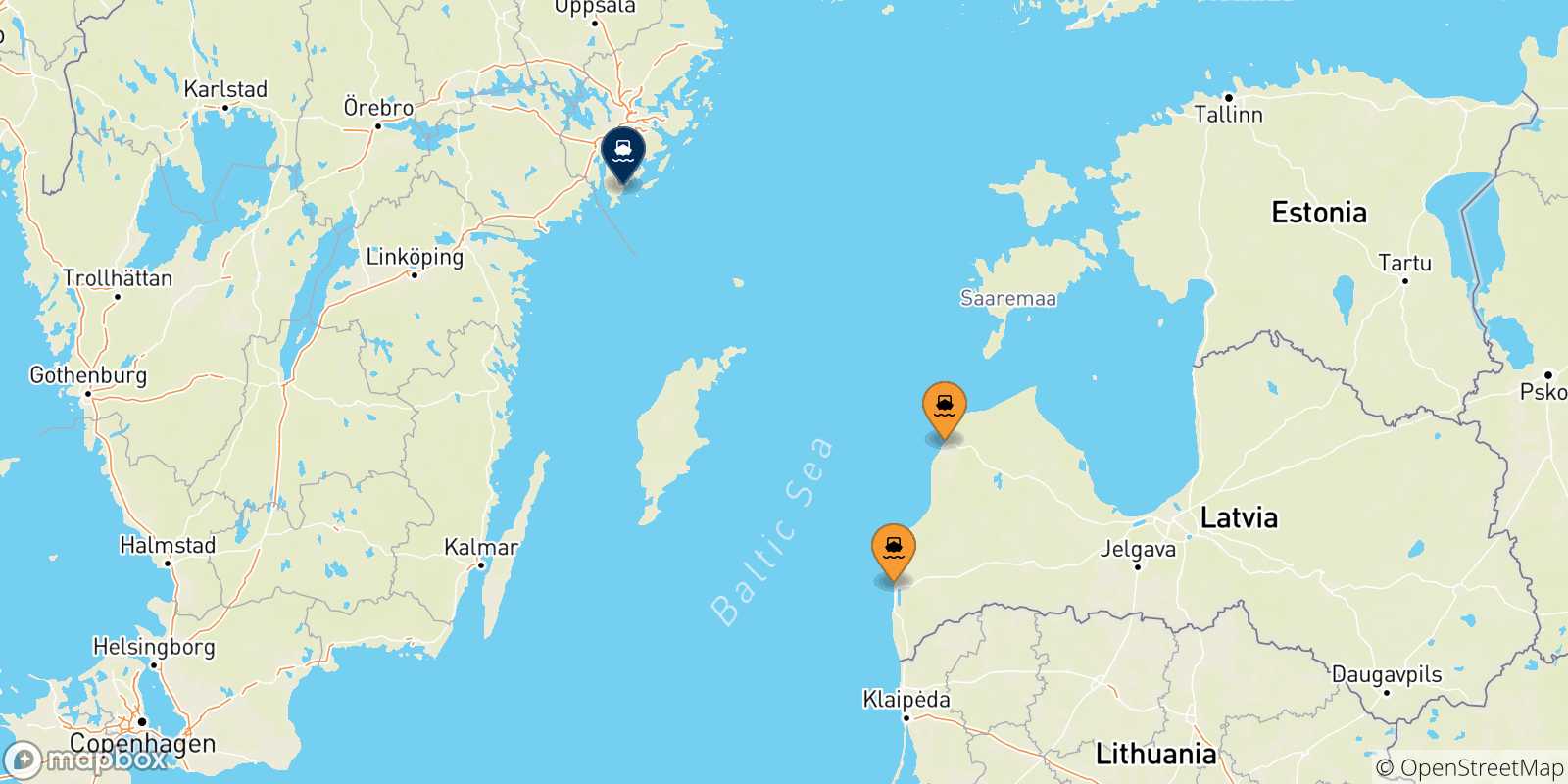Mappa delle possibili rotte tra la Lettonia e la Svezia