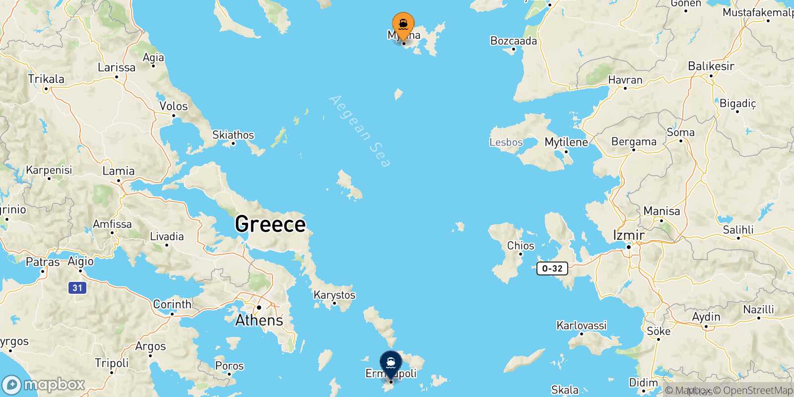 Mappa della rotta Mirina (Limnos) Syros