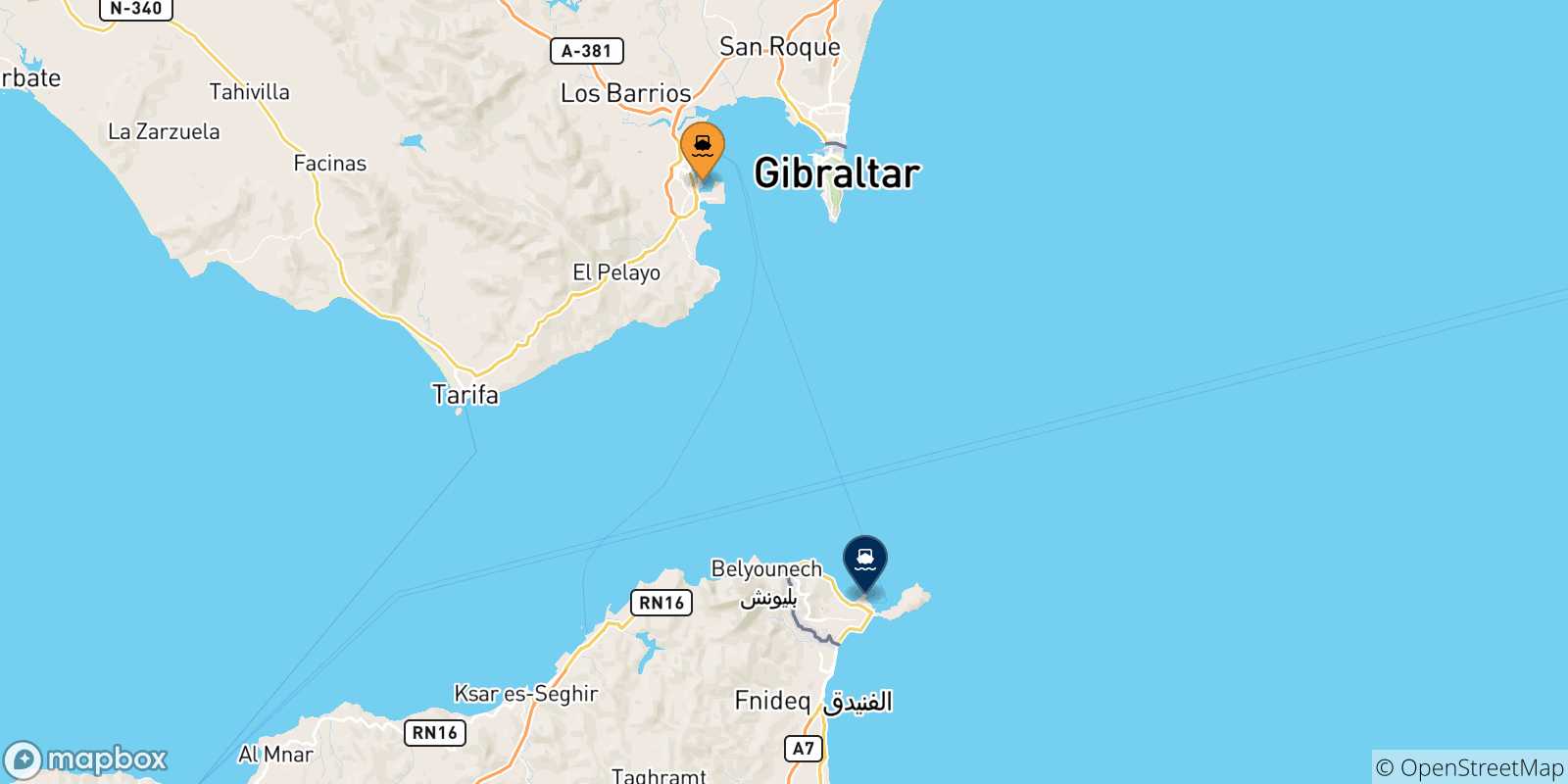 Mappa delle possibili rotte tra Algeciras e la Spagna