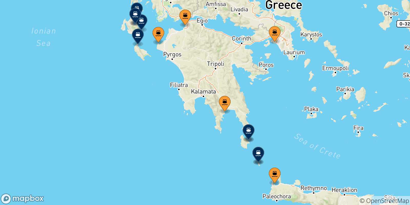 Mappa delle possibili rotte tra la Grecia e le Isole Ionie