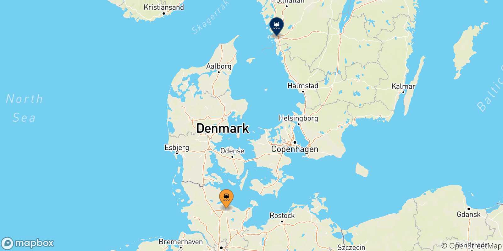 Mappa delle possibili rotte tra Kiel e la Svezia