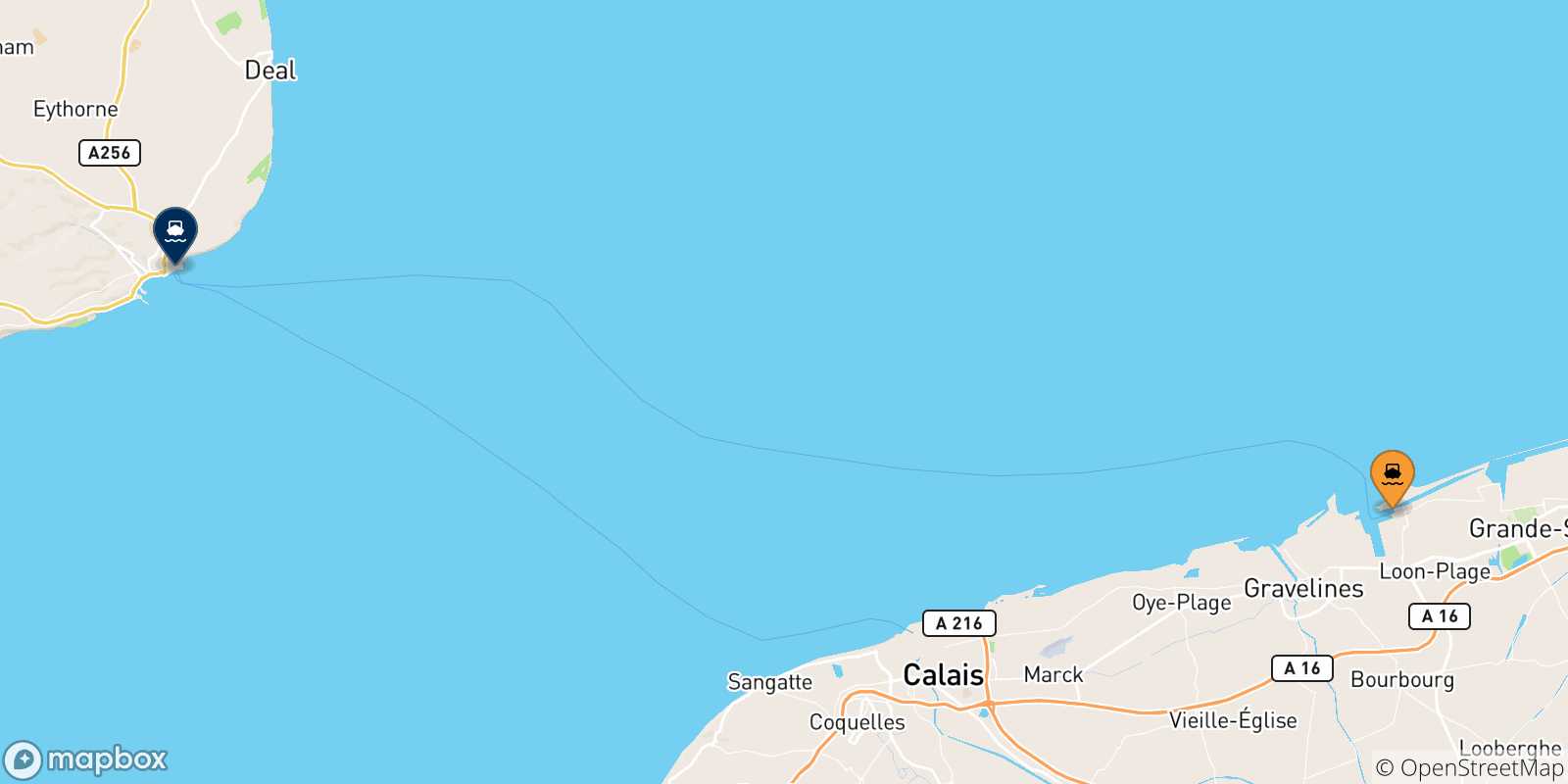Mappa delle possibili rotte tra Dunkerque e l'Inghilterra