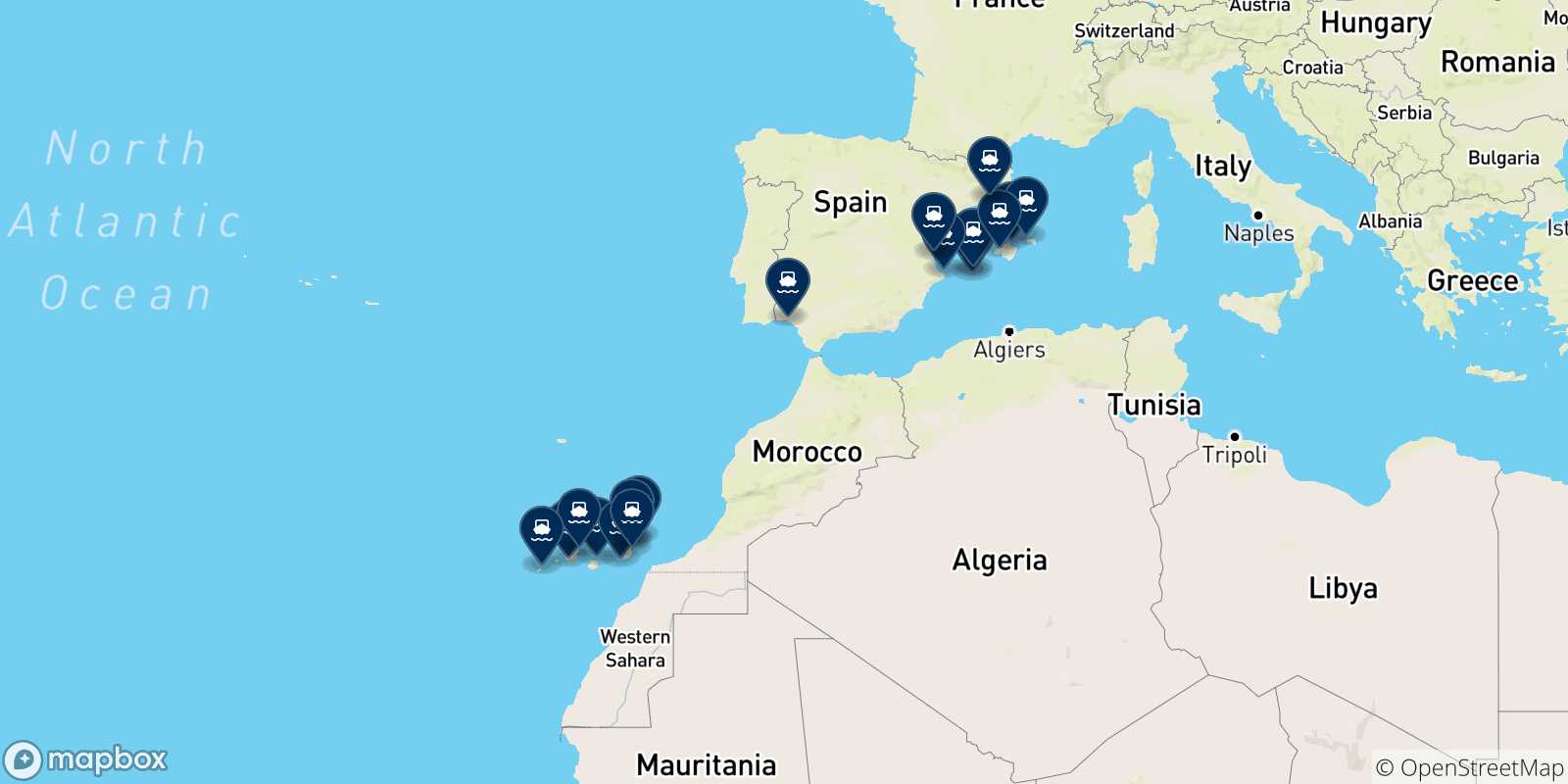 Mappa delle possibili rotte tra la Spagna e la Spagna