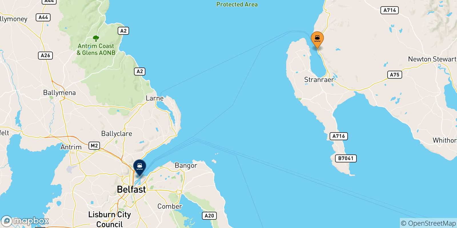 Mappa delle possibili rotte tra Cairnryan e l'Irlanda Del Nord