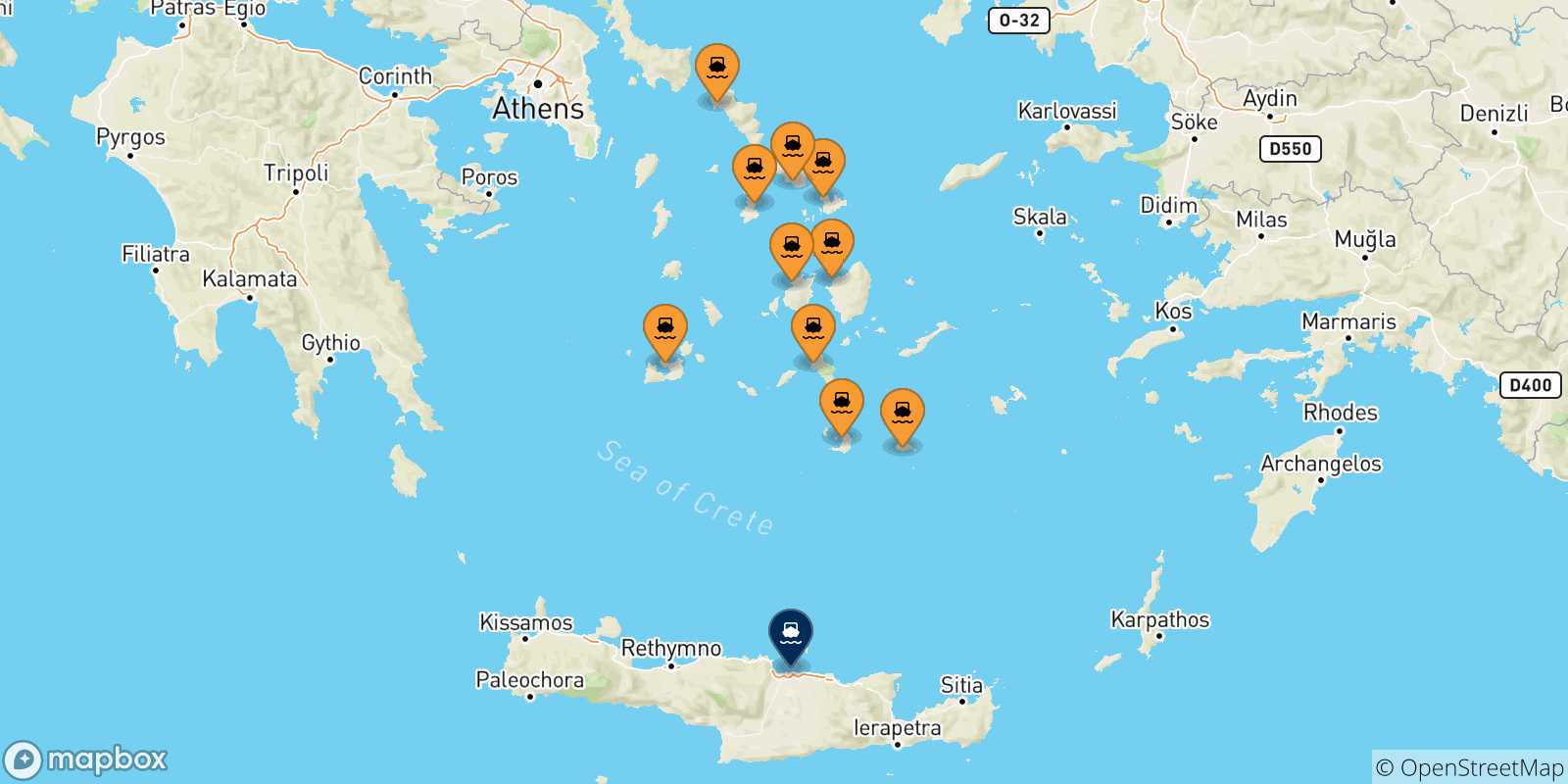 Mappa delle possibili rotte tra le Isole Cicladi e Heraklion