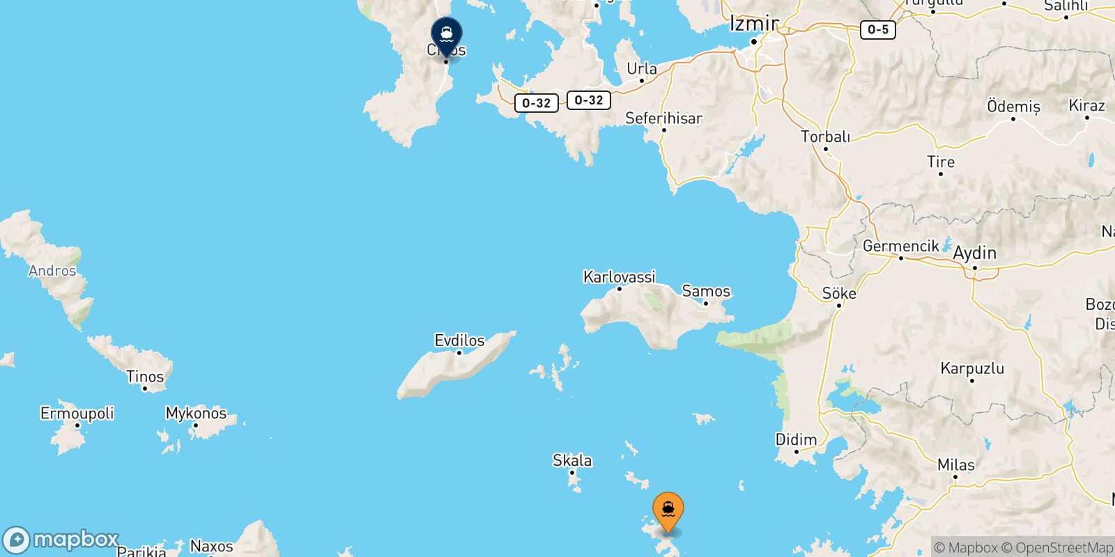 Mappa della rotta Leros Chios
