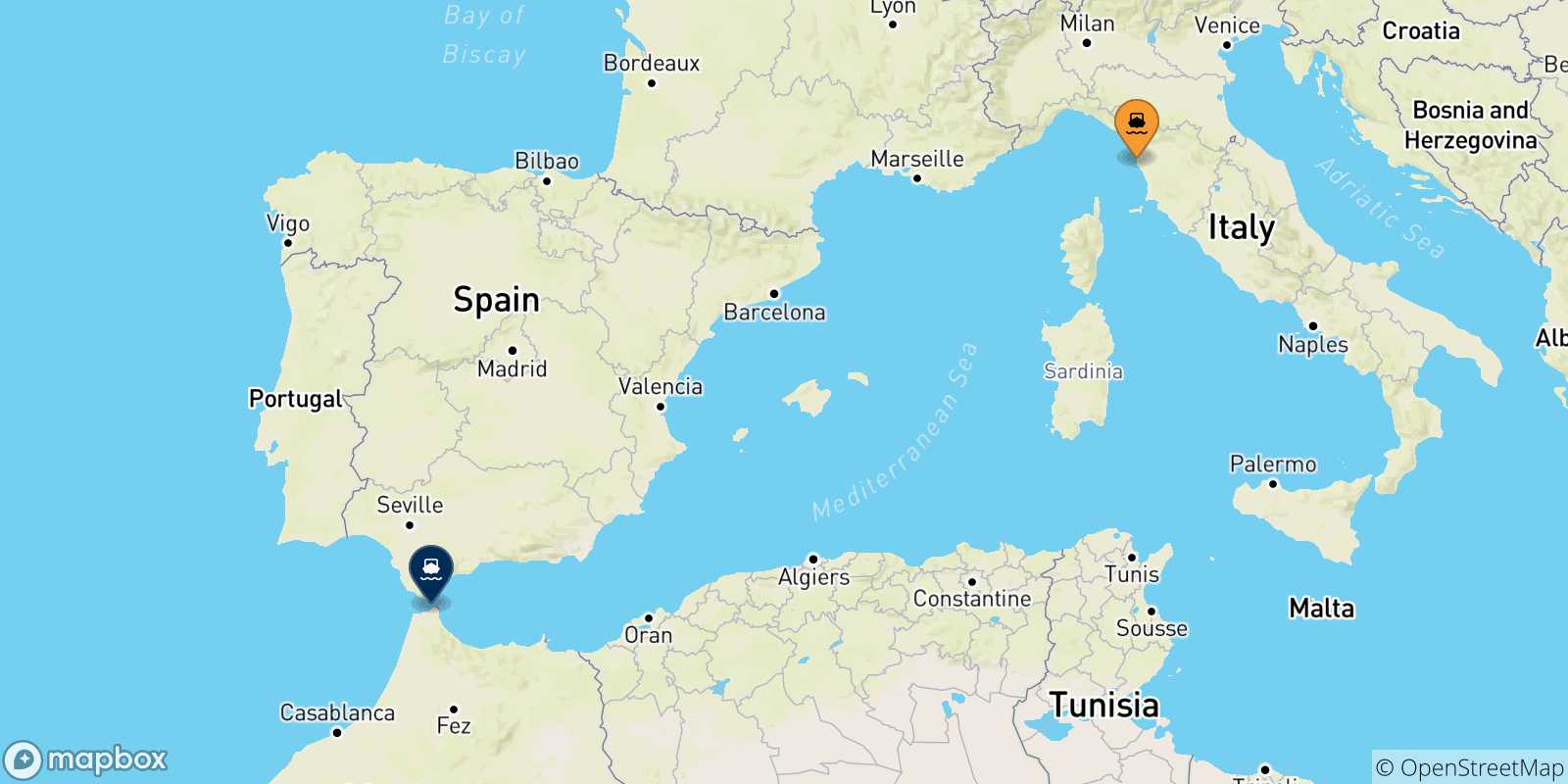 Mappa delle possibili rotte tra Livorno e il Marocco